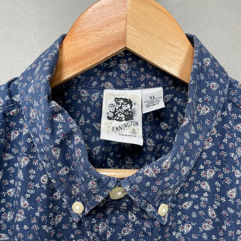 Kennington California Button-Down Shirt Men Calico Print Blue Short Sleeves‎ XL